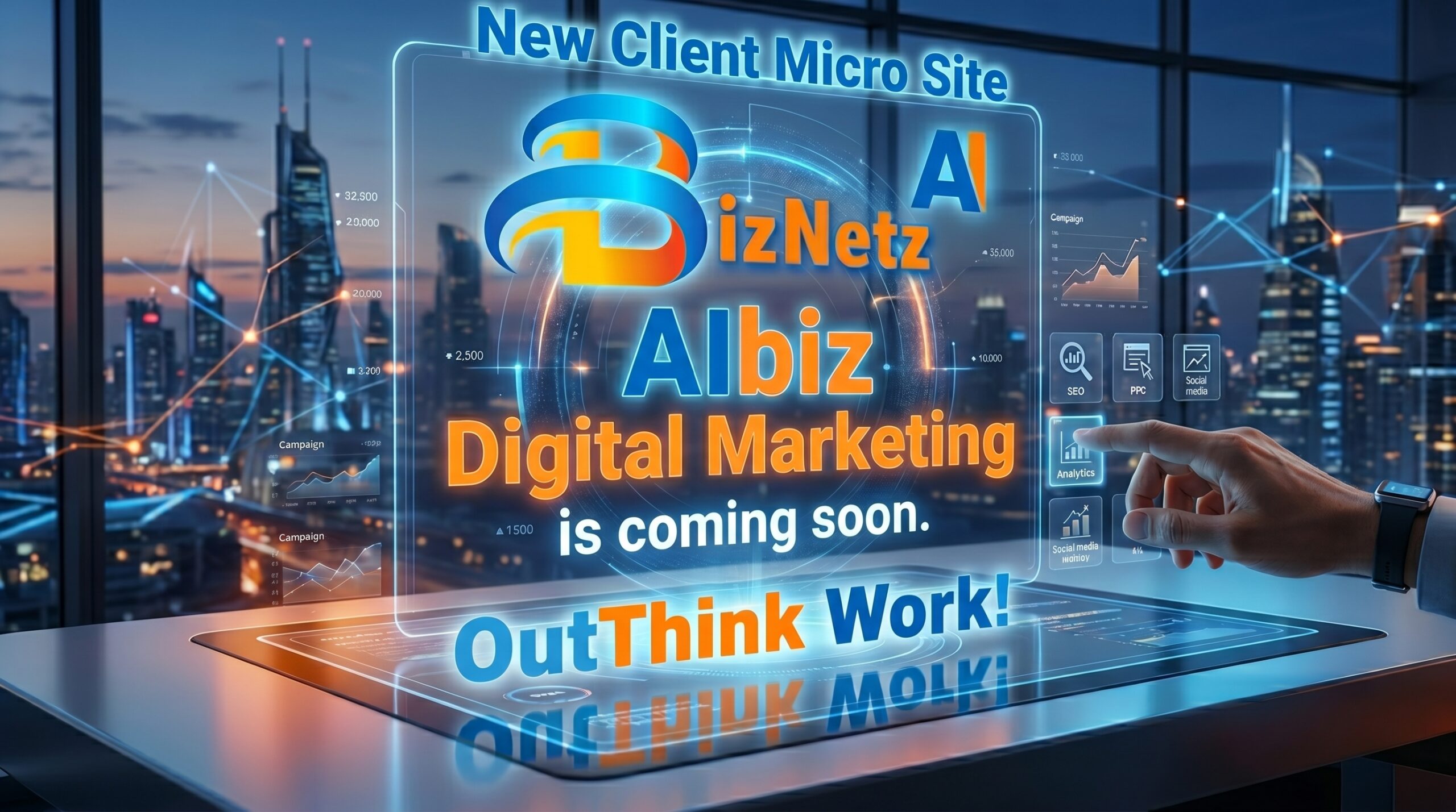 Holographic digital marketing dashboard advertising Albiz Digital Marketing with 'New Client Micro Site' and 'coming soon'.