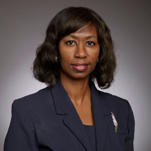 Gibson-Camille Professional head-and-shoulders portrait of a woman in a navy blazer against a neutral gray background, with a subtle smile and a decorative brooch on the lapel.