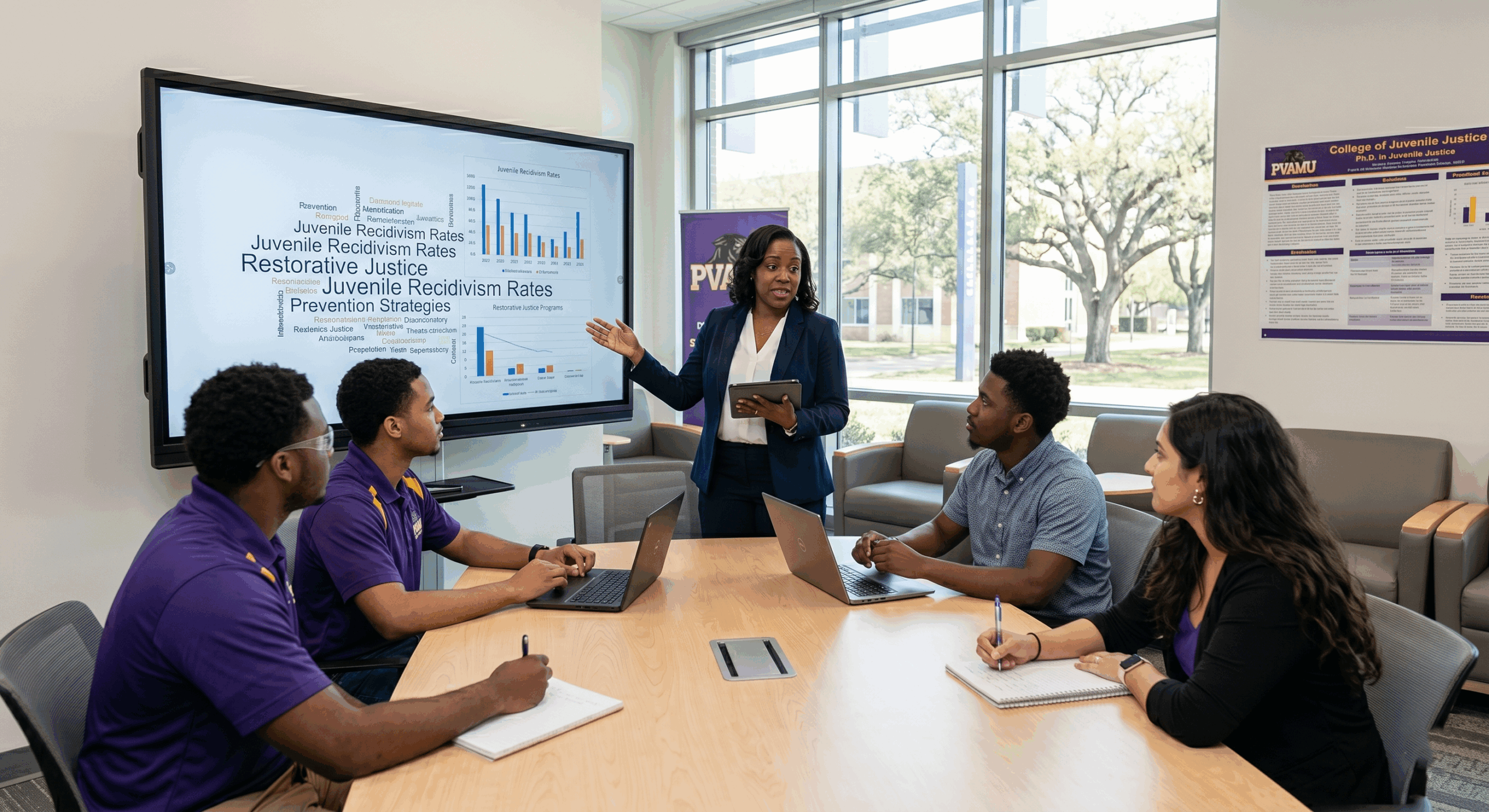 Instructor in a navy blazer presents data to students around a table, with charts on a large screen in a bright room at campus.