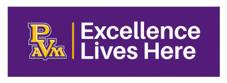 Banner with a gold-and-purple school crest on the left and the phrase 'Excellence Lives Here' in white on a purple background.