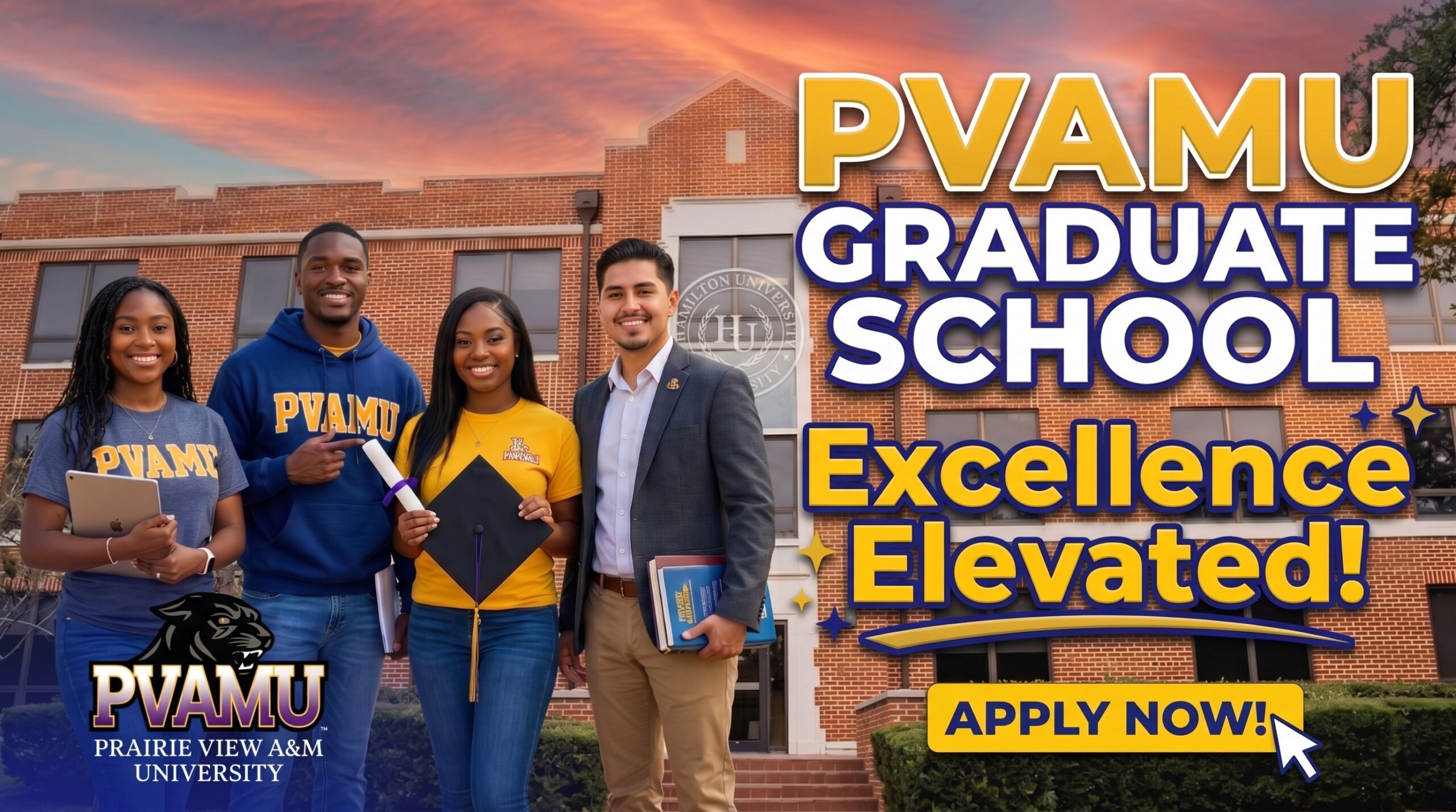 Group of diverse students in PVAMU apparel standing in front of a brick university building, smiling and holding diplomas and books, with text about PVAMU Graduate School and Apply Now in the background.