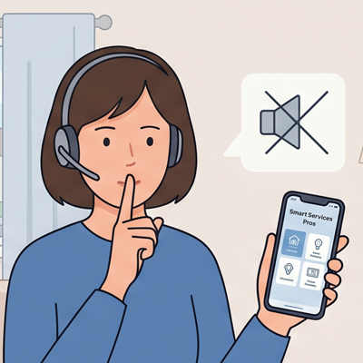 Support agent with headset holds a phone showing an app; a speech bubble indicates the microphone is muted (crossed-out mic) while she signals to be quiet with a finger to lips gesture.