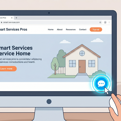 Desktop screen shows a home services website hero with a cartoon house; a hand clicks a glowing chat support icon in the bottom-right corner.