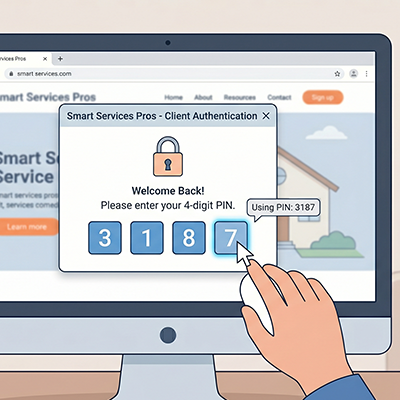 Desktop monitor shows a client authentication popup with four blue digit tiles (3 1 8 7); a hand taps the last tile to enter PIN 3187.