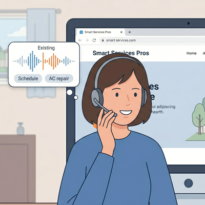 Customer service agent with headset on a computer screen; a speech bubble shows 'Schedule' and 'AC repair' options for an AC service.