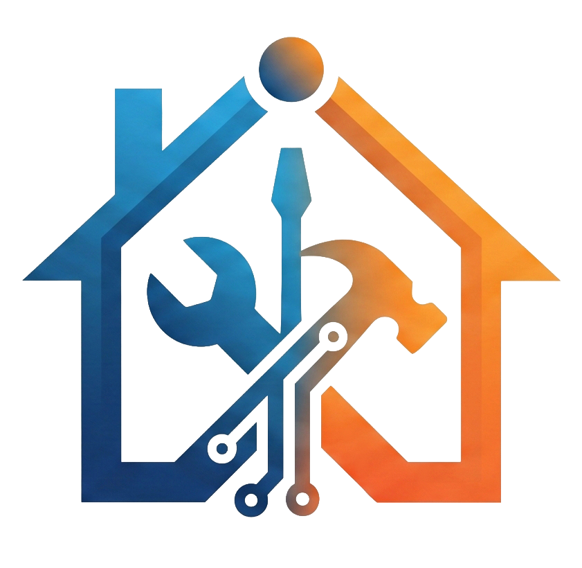 Abstract logo showing a blue wrench and screwdriver crossed inside a house outline with orange circuit lines, symbolizing smart home tools and technology.