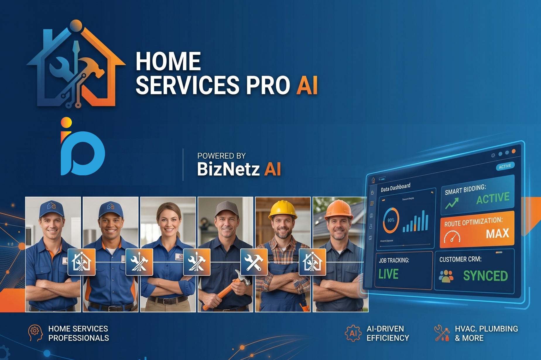HomeServicesPros_Hero1B Blue gradient banner for Home Services Pro AI featuring a house-tech logo and the slogan 'HOME SERVICES PRO AI' with 'Powered by BizNet AI' and a row of professional technicians on the bottom left/right.