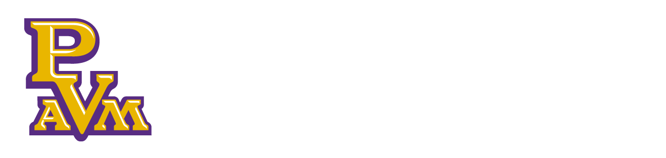 Logo with stacked purple-outlined gold letters forming the acronym 'PAVM' in a decorative sports-style font.