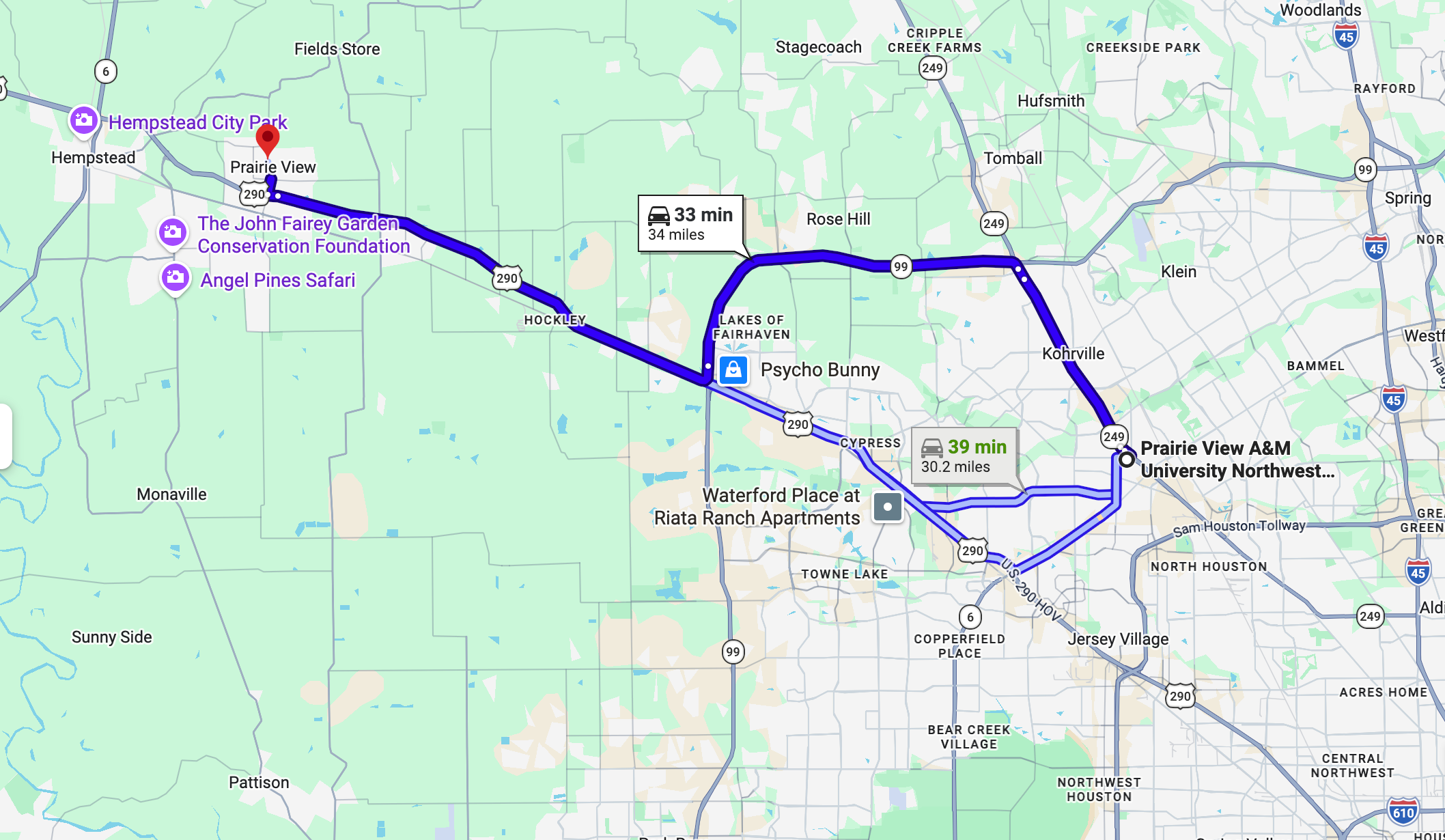 Driving route from Prairie View to Prairie View A&M University with options around 33 minutes (34 miles) via US-290 and TX-99/99.